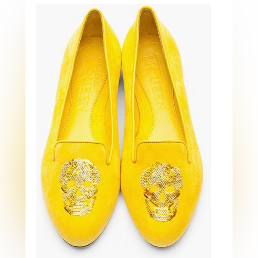Authentic Yellow Suede Alexander McQueen Sequin Skull Loafer Flat
